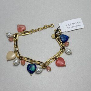 Talbots Semiprecious Charm Bracelet Gold Tone Hearts Pearls Adjustable NWT